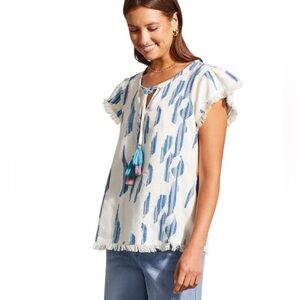 Tribal Boho Textured Cotton Pop Over Top All Over Embroider Flutter Cap Sleeve